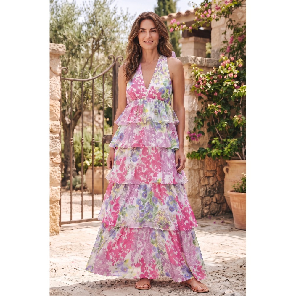 Entro Floral Tiered Ruffle Halter Maxi Colorful Boho Party Dress  Large